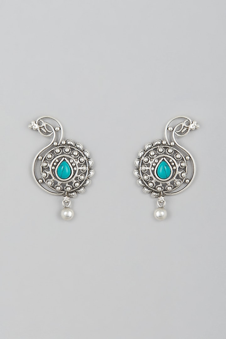 White Finish Turquoise Stone Peacock Earrings In Sterling Silver by Mero
