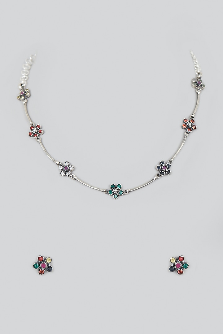 White Finish Multi-Colored Stone Temple Necklace Set In Sterling Silver by Mero