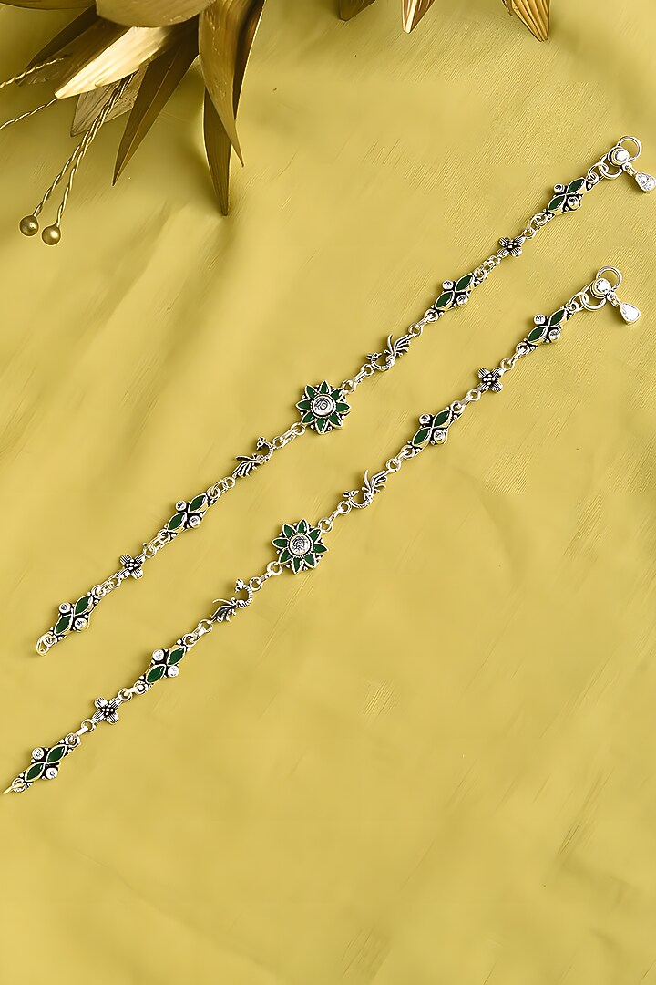 White Finish Multi-Colored Stone Tribal Anklets (Set Of 2) In Sterling Silver by Mero at Pernia's Pop Up Shop