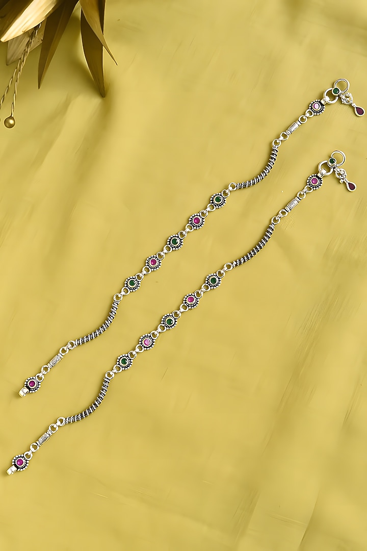 White Finish Multi-Colored Stone Tribal Anklets (Set Of 2) In Sterling Silver by Mero at Pernia's Pop Up Shop