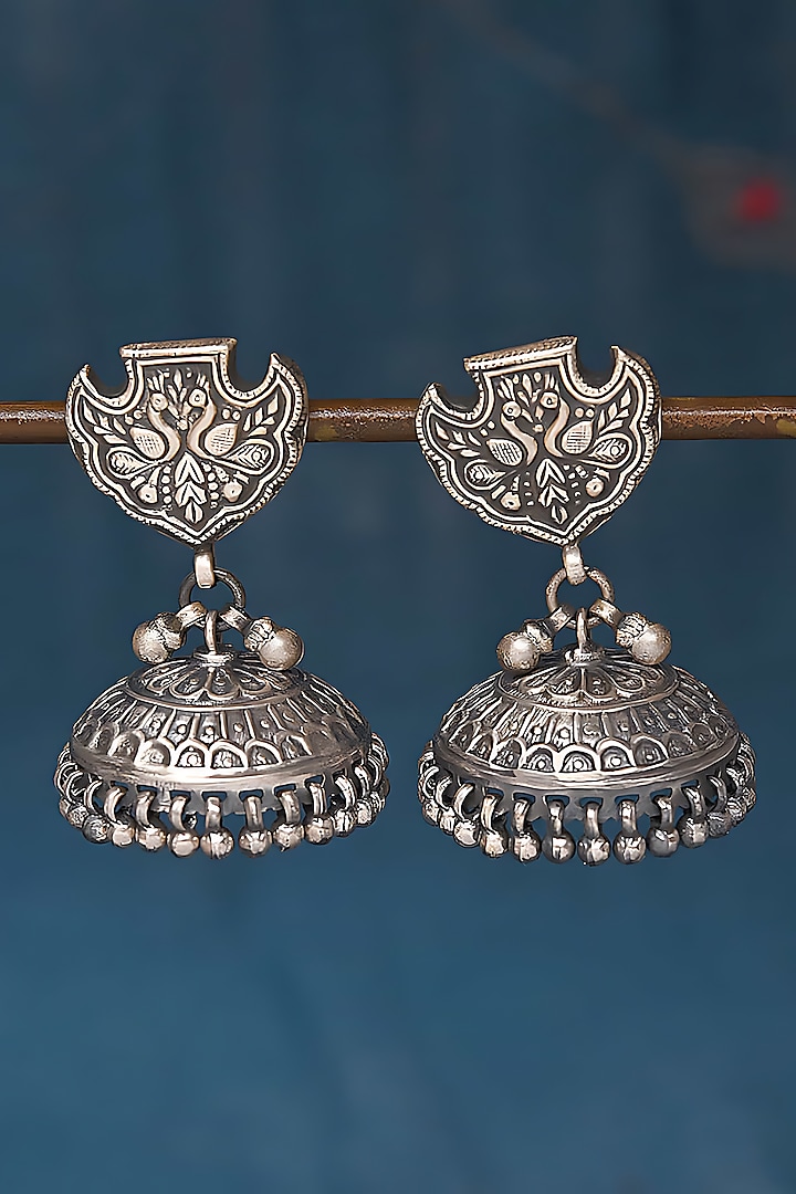 Silver Finish Jhumka Earrings In Sterling Silver by Mero