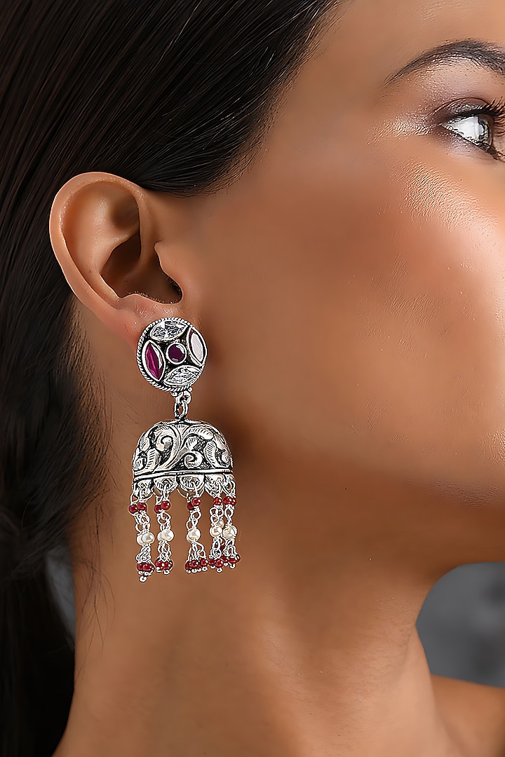 Silver Finish Red Onyx Jhumka Earrings In Sterling Silver by Mero at Pernia's Pop Up Shop