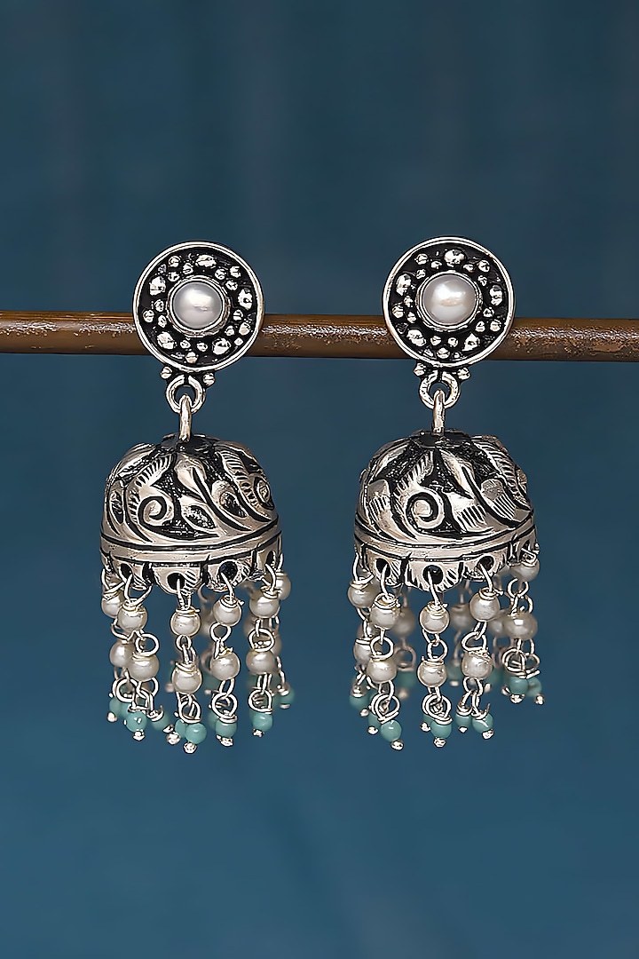 Silver Finish Turquoise Pearl Jhumka Earrings In Sterling Silver by Mero at Pernia's Pop Up Shop