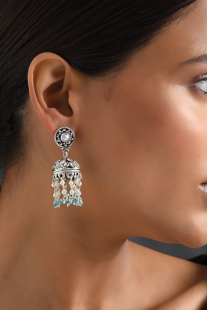Silver Finish Turquoise Pearl Jhumka Earrings In Sterling Silver by Mero at Pernia's Pop Up Shop