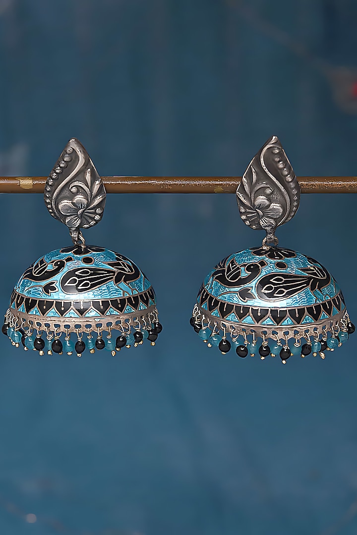 Silver Finish Peacock Jhumka Earrings In Sterling Silver by Mero at Pernia's Pop Up Shop