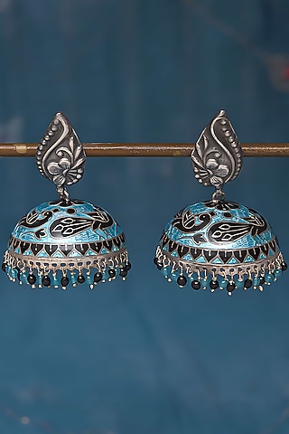 Silver Finish Peacock Jhumka Earrings In Sterling Silver by Mero