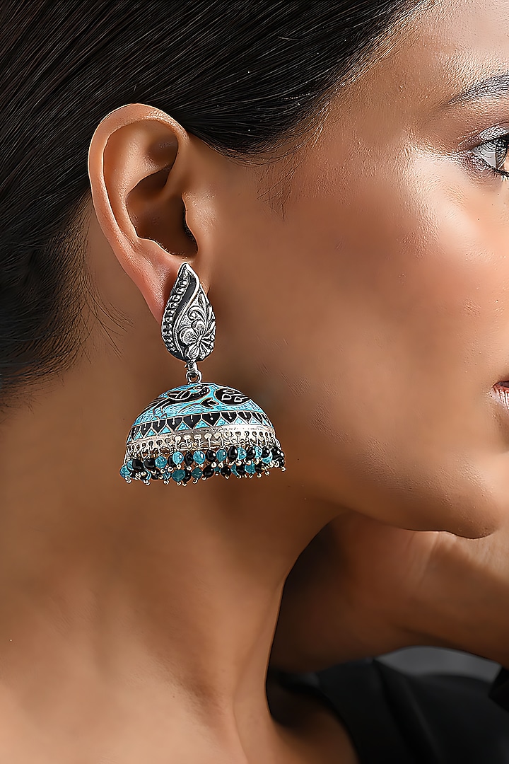 Silver Finish Peacock Jhumka Earrings In Sterling Silver by Mero at Pernia's Pop Up Shop