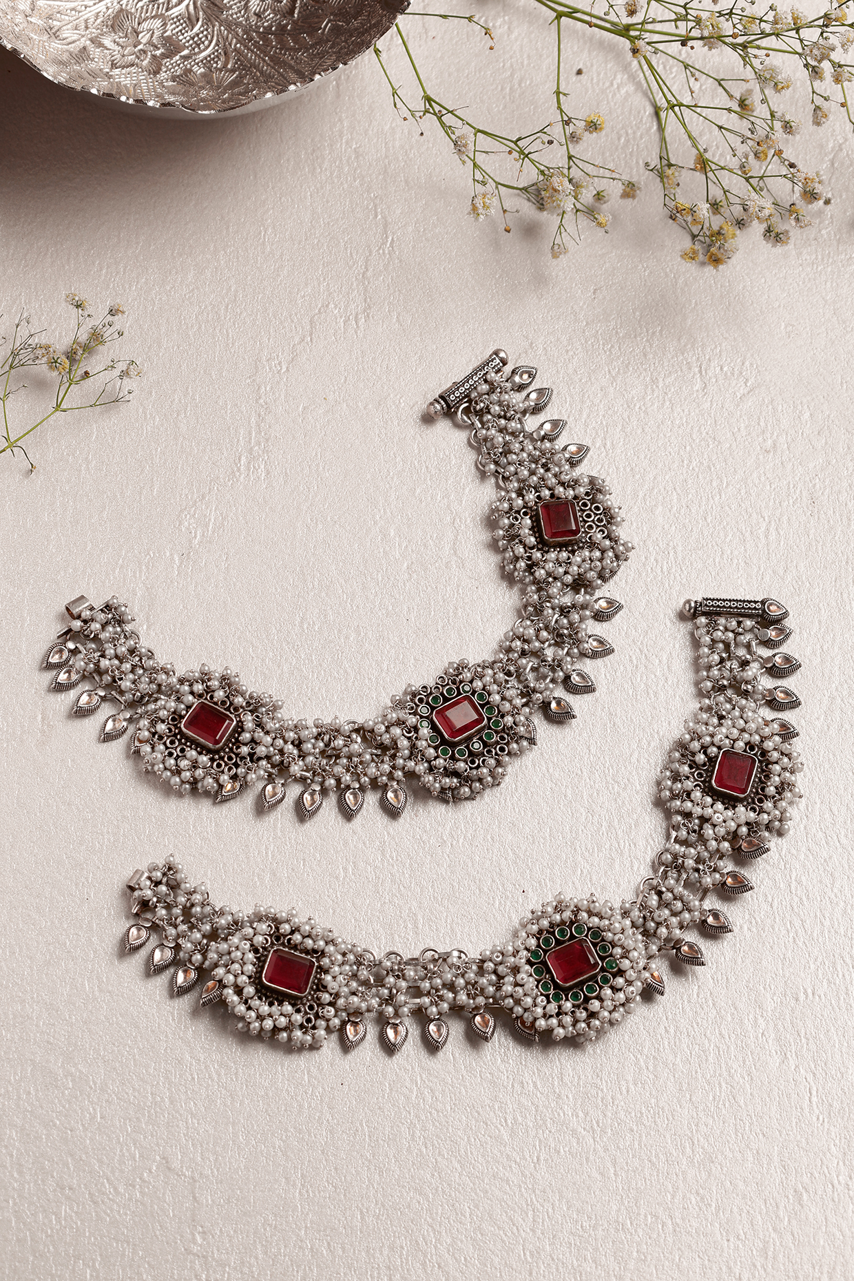 White Finish Pearl & Ruby Onyx Anklets In Sterling Silver by Mero at Pernia's Pop Up Shop