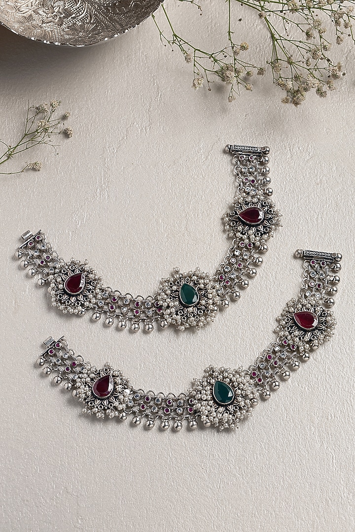 White Finish Pearl & Green Onyx Anklets In Sterling Silver by Mero at Pernia's Pop Up Shop