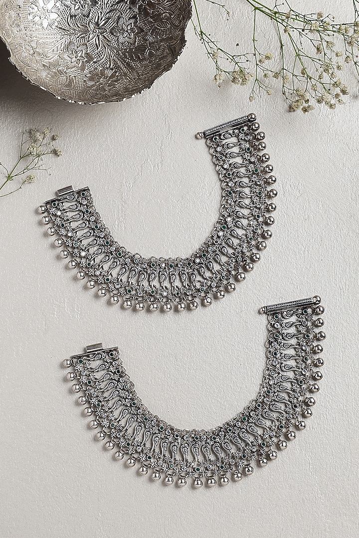 White Finish Green Onyx Peacock Anklets In Sterling Silver by Mero at Pernia's Pop Up Shop