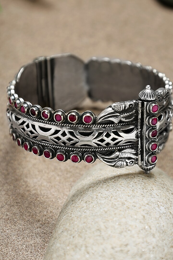 White Finish Ruby Stone Temple Kada In Sterling Silver by Mero at Pernia's Pop Up Shop