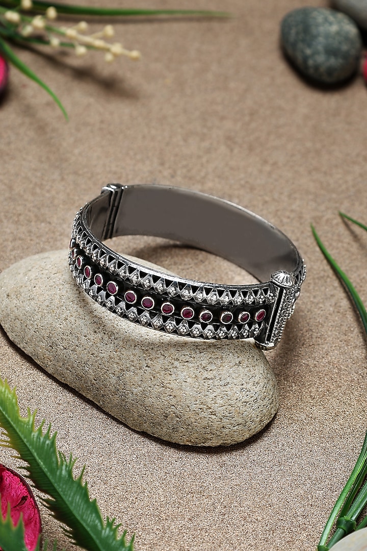 White Finish Ruby Stone Temple Kada In Sterling Silver by Mero at Pernia's Pop Up Shop