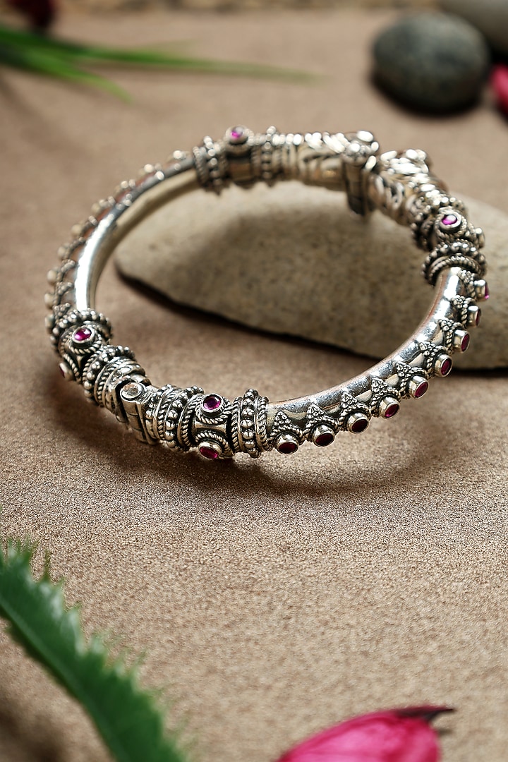 White Finish Ruby Stone Temple Kada In Sterling Silver by Mero at Pernia's Pop Up Shop