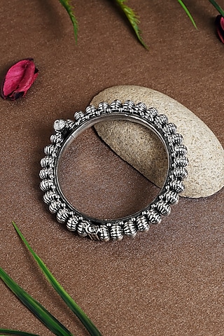 White Finish Textured Beaded Temple Kada In Sterling Silver by Mero