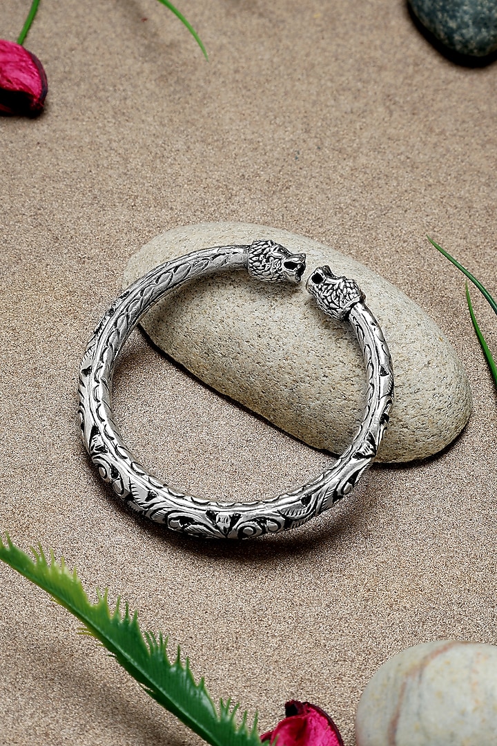 White Finish Chitai Peacock Temple Kada In Sterling Silver by Mero at Pernia's Pop Up Shop