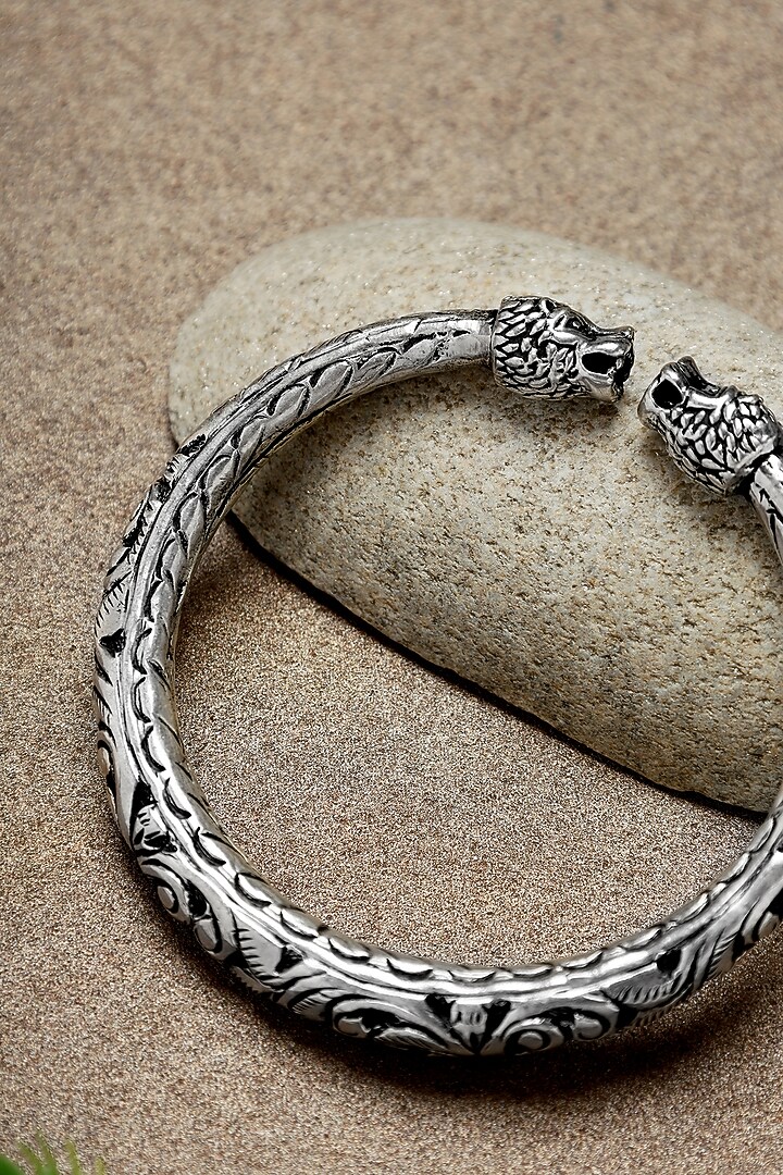 White Finish Chitai Peacock Temple Kada In Sterling Silver by Mero at Pernia's Pop Up Shop