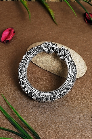 White Finish Elephant Chitai Temple Kada In Sterling Silver by Mero