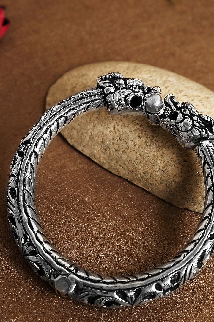 White Finish Dragon Chitai Temple Kada In Sterling Silver by Mero at Pernia's Pop Up Shop