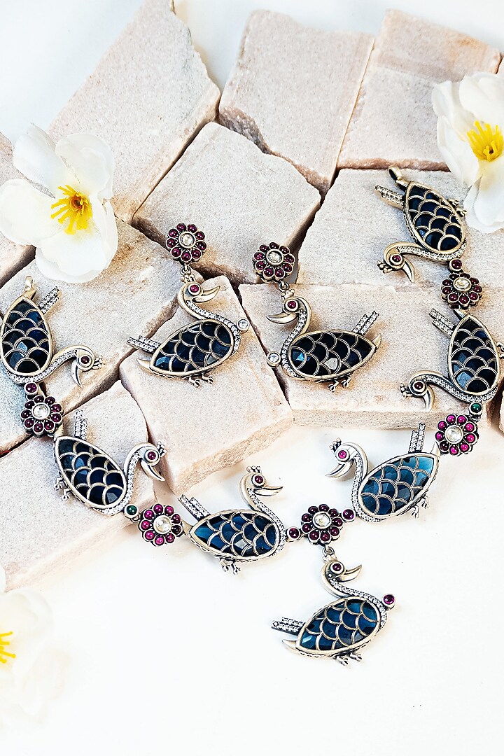 White Finish Blue Kempstone Tribal Necklace Set In Sterling Silver by Mero at Pernia's Pop Up Shop
