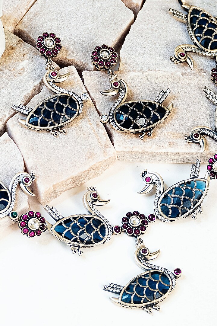 White Finish Blue Kempstone Tribal Necklace Set In Sterling Silver by Mero at Pernia's Pop Up Shop