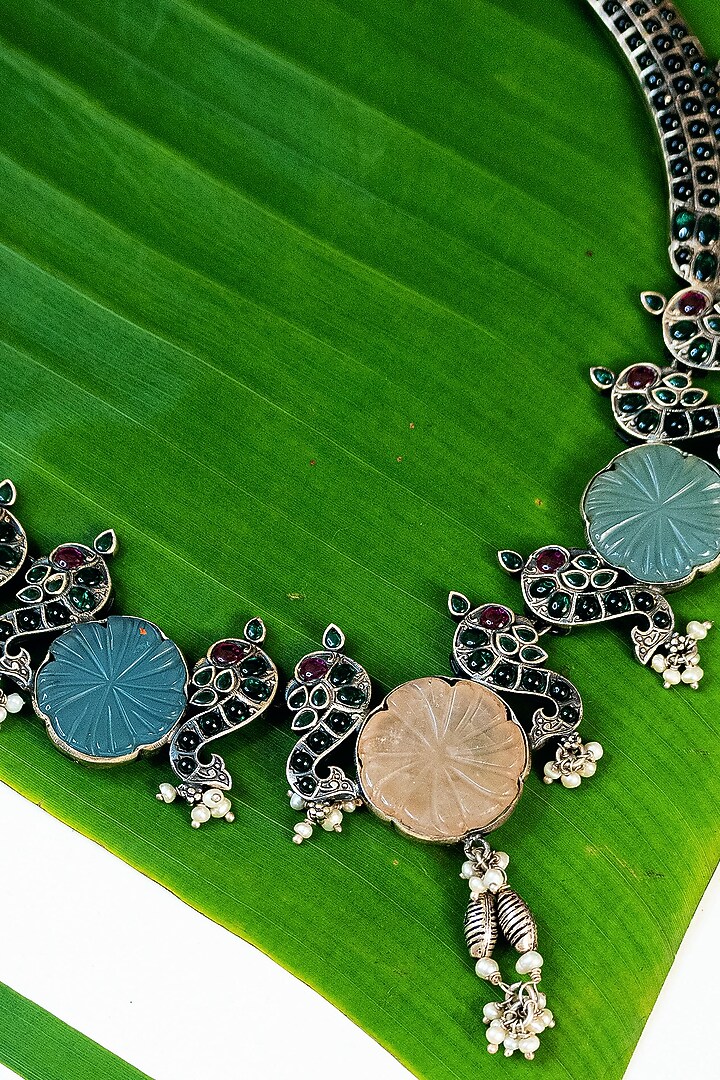 White Finish Multi-Colored Quartz & Kempstone Tribal Long Necklace In Sterling Silver by Mero at Pernia's Pop Up Shop