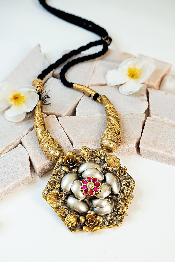 Two Tone Finish Pink Kundan Tribal Long Necklace In Sterling Silver by Mero at Pernia's Pop Up Shop