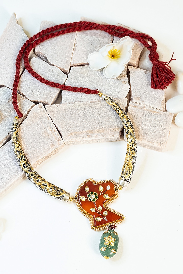 Two Tone Finish Multi-Colored Stone & Kundan Tribal Long Necklace In Sterling Silver by Mero at Pernia's Pop Up Shop