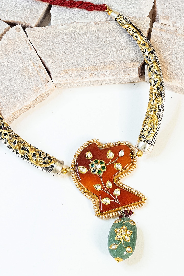 Two Tone Finish Multi-Colored Stone & Kundan Tribal Long Necklace In Sterling Silver by Mero at Pernia's Pop Up Shop