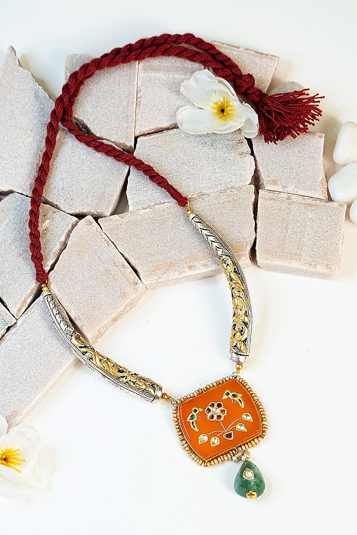 Two Tone Finish Multi-Colored Stone & Kundan Tribal Long Necklace In Sterling Silver by Mero at Pernia's Pop Up Shop