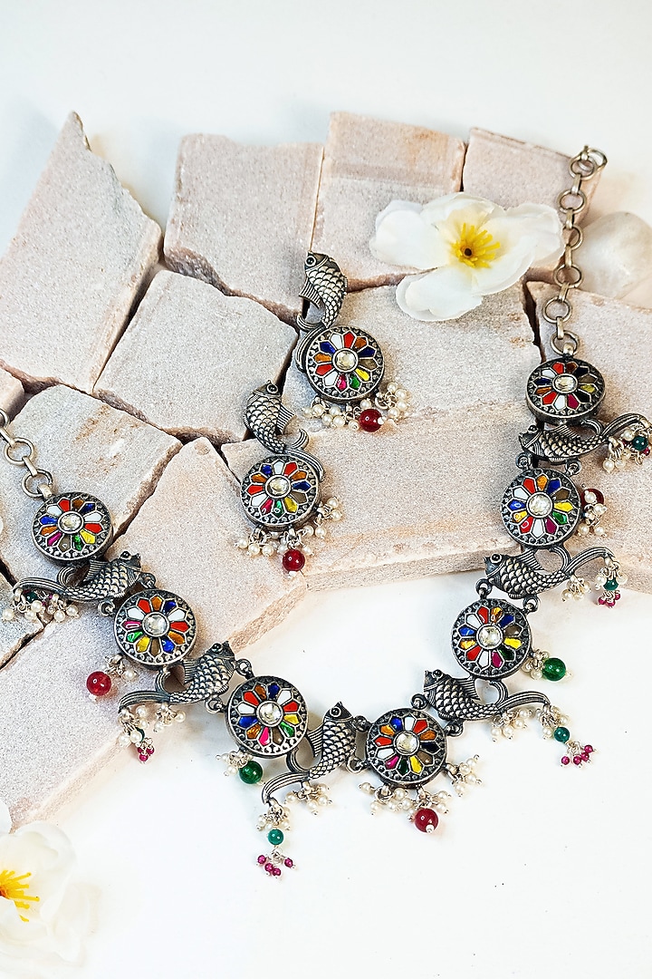 Two Tone Finish Multi-Colored Stone & Kundan Tribal Necklace Set In Sterling Silver by Mero at Pernia's Pop Up Shop