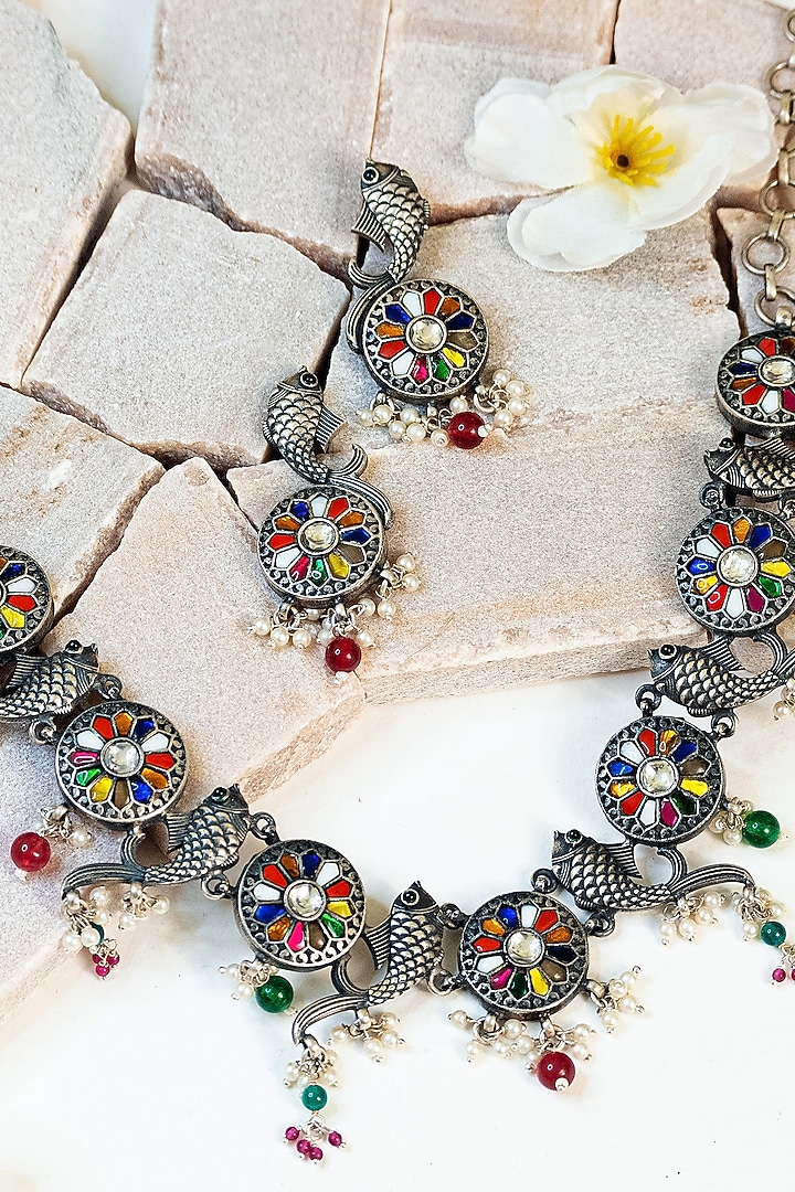 Two Tone Finish Multi-Colored Stone & Kundan Tribal Necklace Set In Sterling Silver by Mero at Pernia's Pop Up Shop