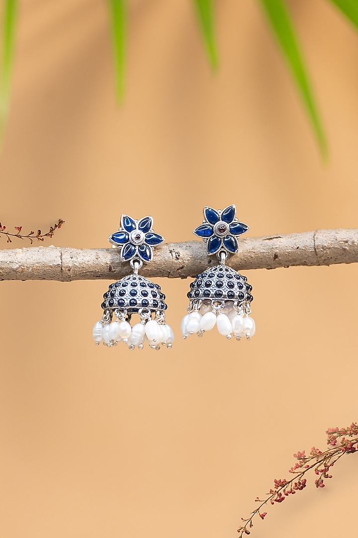 White Finish Blue Kempstone Temple Earrings In Sterling Silver by Mero at Pernia's Pop Up Shop