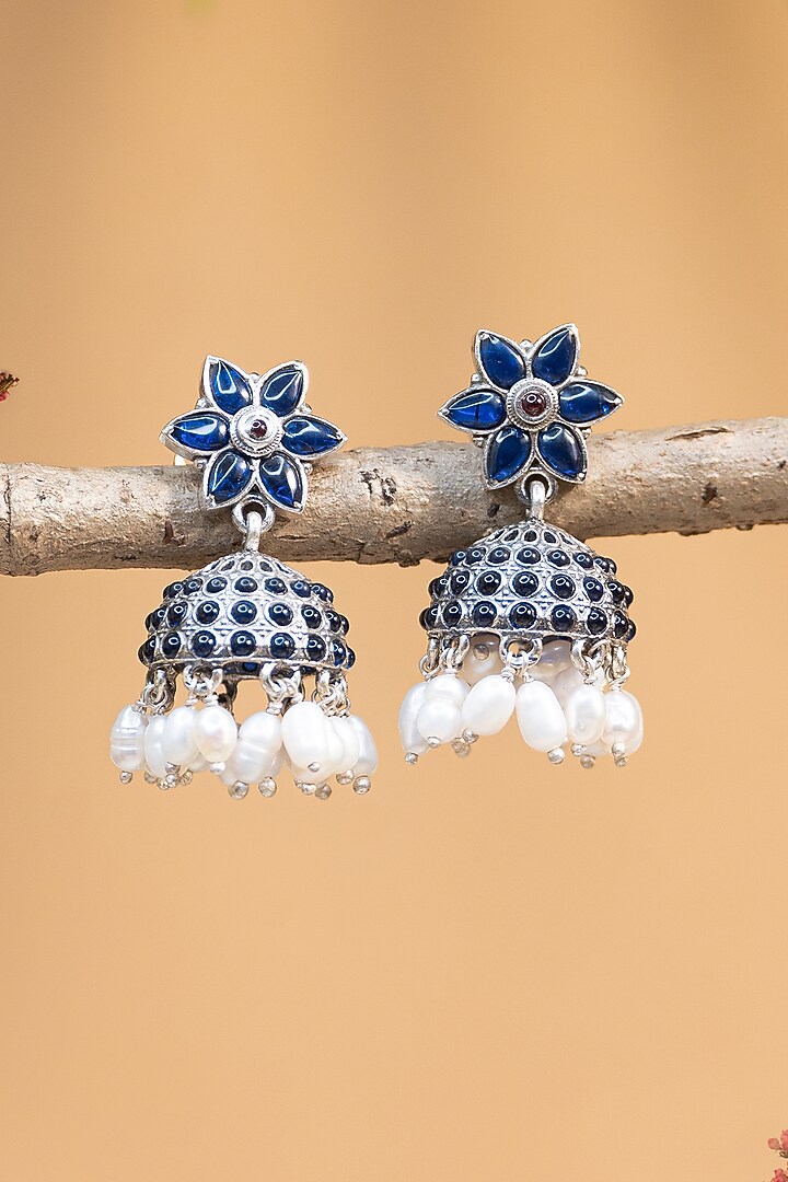 White Finish Blue Kempstone Temple Earrings In Sterling Silver by Mero at Pernia's Pop Up Shop