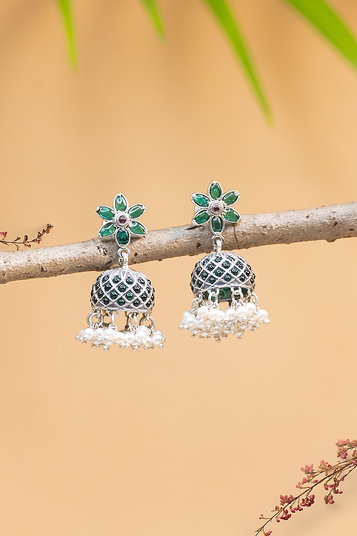White Finish Green Kempstone Temple Earrings In Sterling Silver by Mero at Pernia's Pop Up Shop