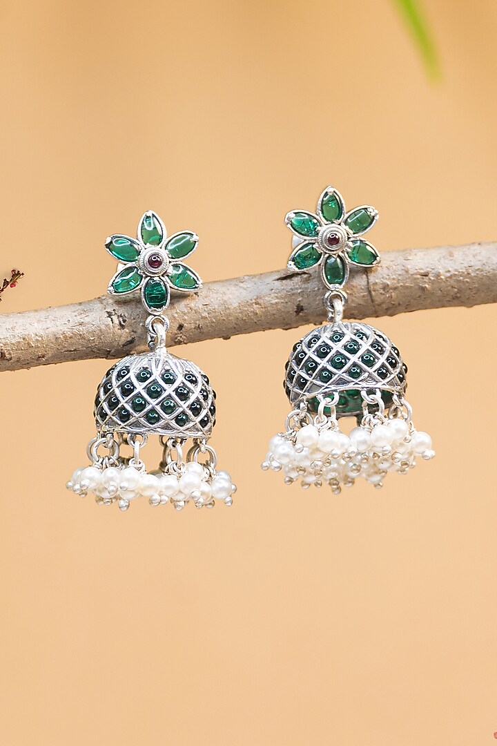 White Finish Green Kempstone Temple Earrings In Sterling Silver by Mero at Pernia's Pop Up Shop