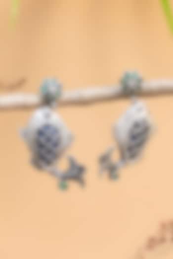 White Finish Blue Onyx Fish Temple Dangler Earrings In Sterling Silver by Mero at Pernia's Pop Up Shop