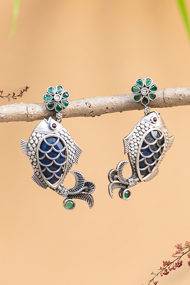 White Finish Blue Onyx Fish Temple Dangler Earrings In Sterling Silver by Mero at Pernia's Pop Up Shop