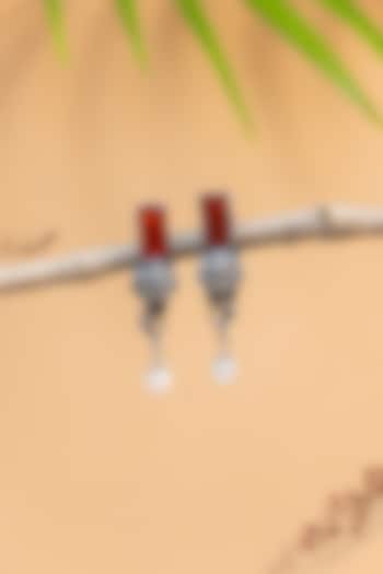 White Finish Red Onyx & Pearl Temple Dangler Earrings In Sterling Silver by Mero at Pernia's Pop Up Shop