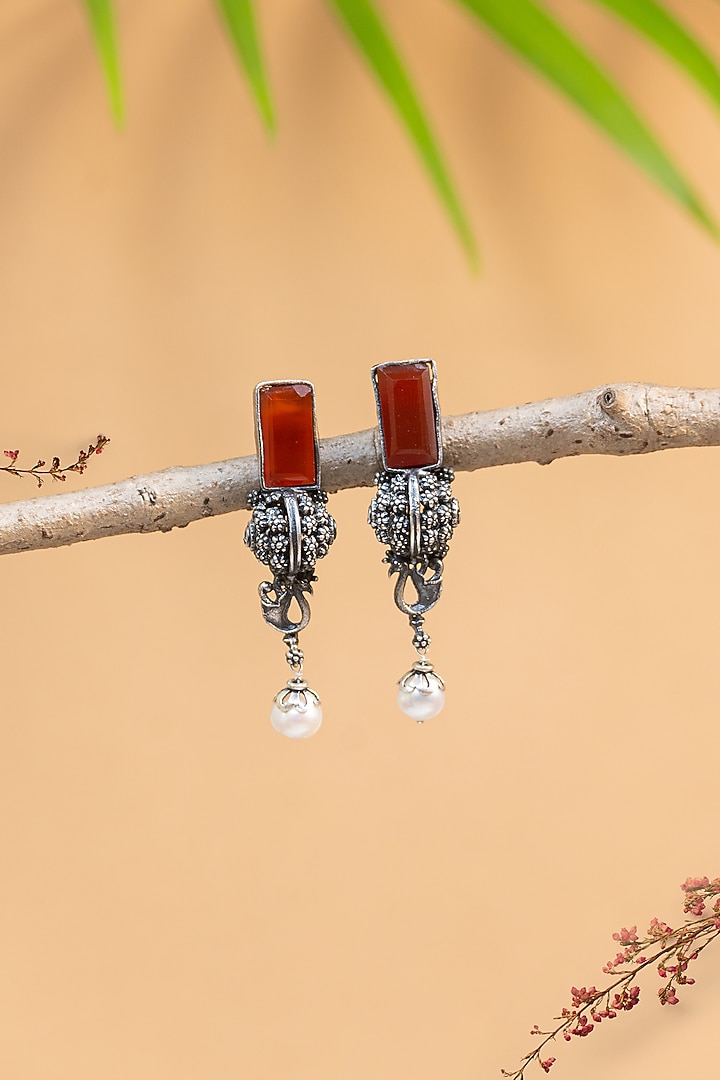 White Finish Red Onyx & Pearl Temple Dangler Earrings In Sterling Silver by Mero at Pernia's Pop Up Shop