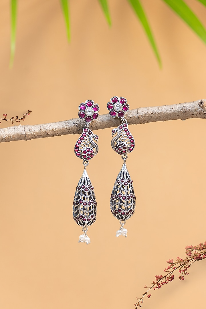 White Finish Kempstone Peacock Temple Dangler Earrings In Sterling Silver by Mero at Pernia's Pop Up Shop