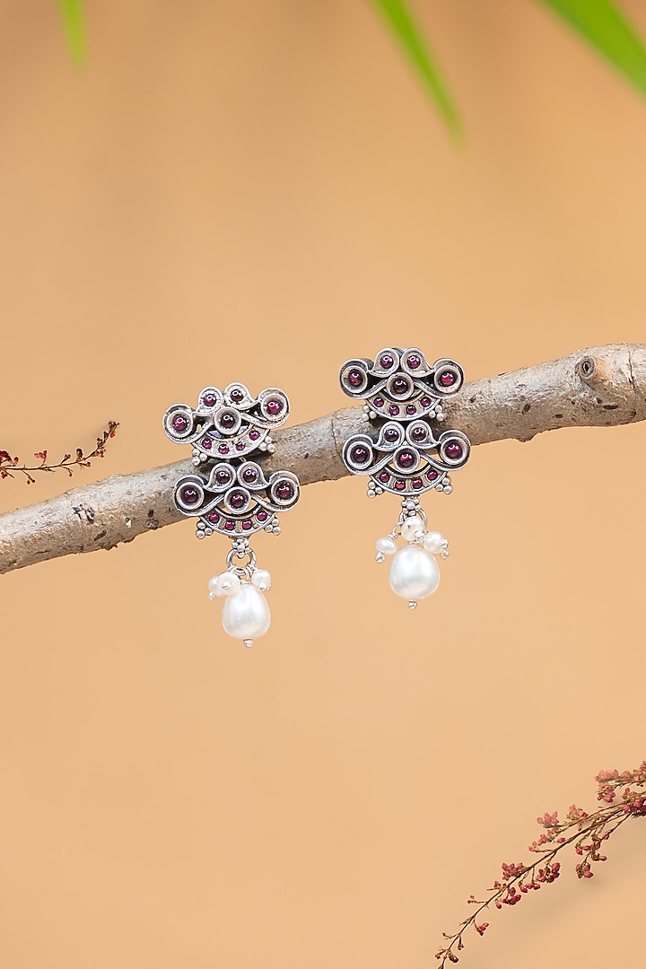 White Finish Kempstone & Pearl Temple Dangler Earrings In Sterling Silver by Mero at Pernia's Pop Up Shop