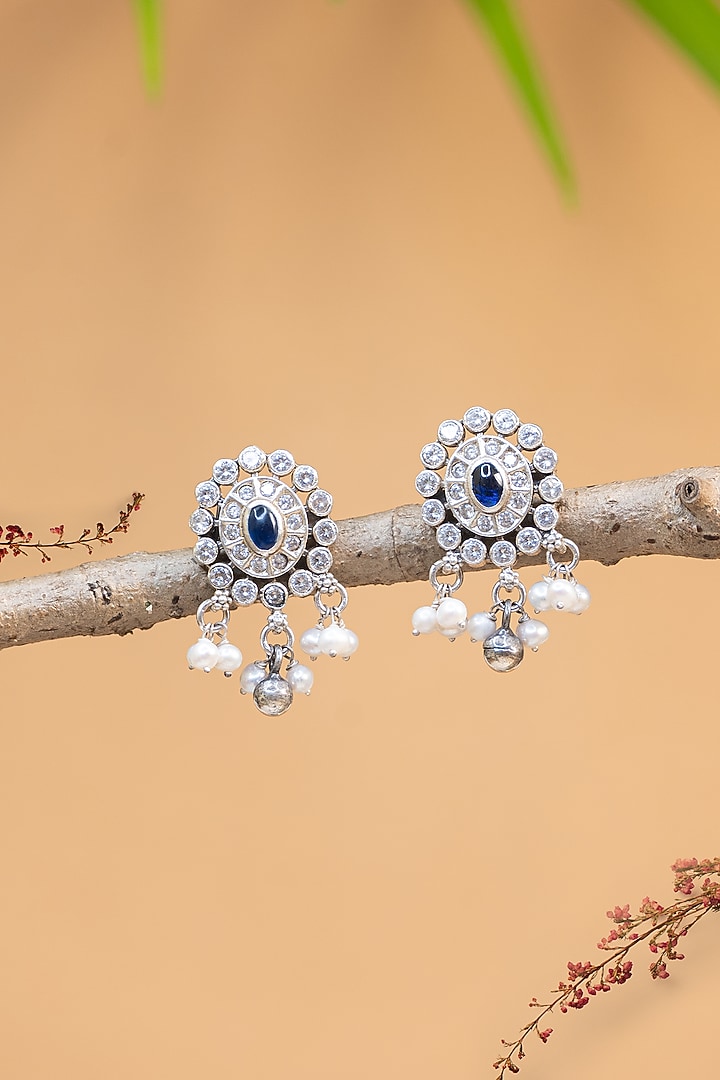 White Finish Kempstone & Pearl Temple Dangler Earrings In Sterling Silver by Mero at Pernia's Pop Up Shop