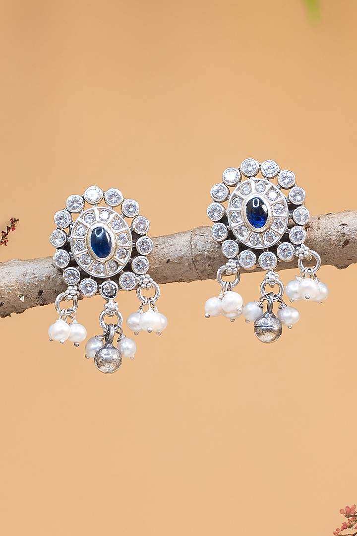 White Finish Kempstone & Pearl Temple Dangler Earrings In Sterling Silver by Mero at Pernia's Pop Up Shop