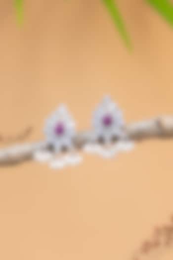 White Finish CZ & Pearl Temple Dangler Earrings In Sterling Silver by Mero at Pernia's Pop Up Shop