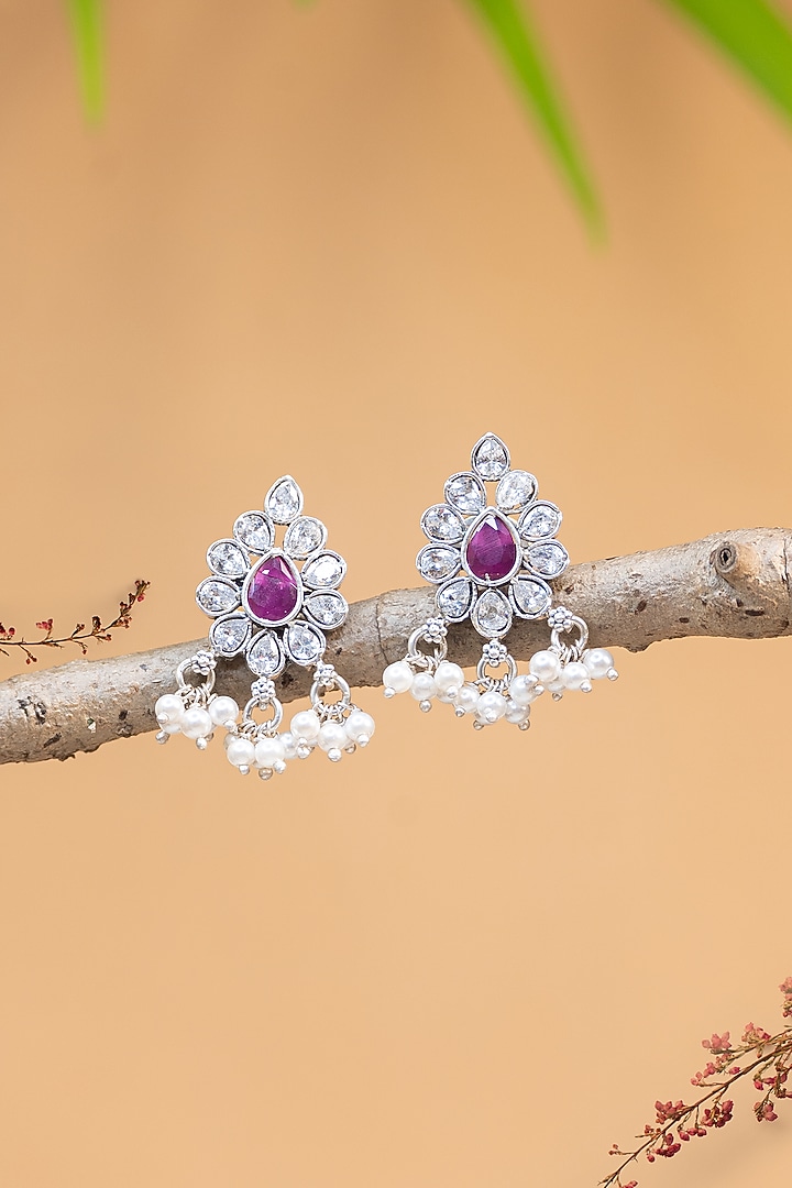 White Finish CZ & Pearl Temple Dangler Earrings In Sterling Silver by Mero at Pernia's Pop Up Shop