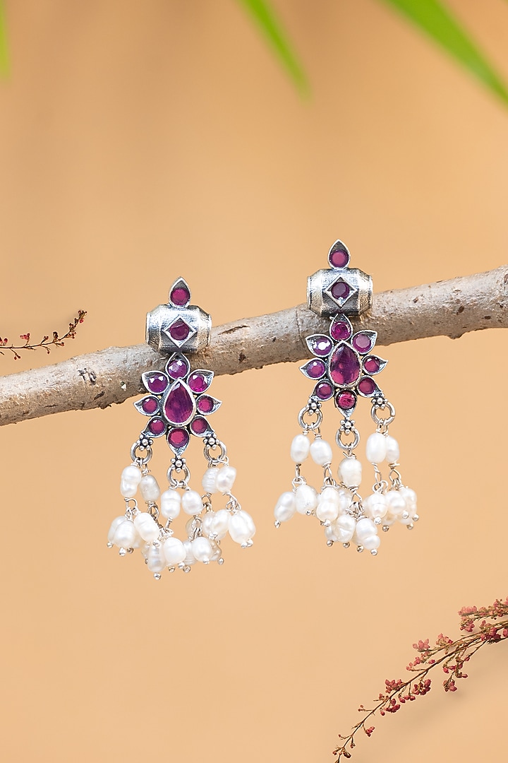 White Finish Kempstone & Pearl Temple Dangler Earrings In Sterling Silver by Mero at Pernia's Pop Up Shop