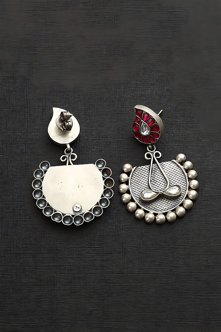 White Finish Pink Kundan Polki Temple Dangler Earrings In Sterling Silver by Mero at Pernia's Pop Up Shop