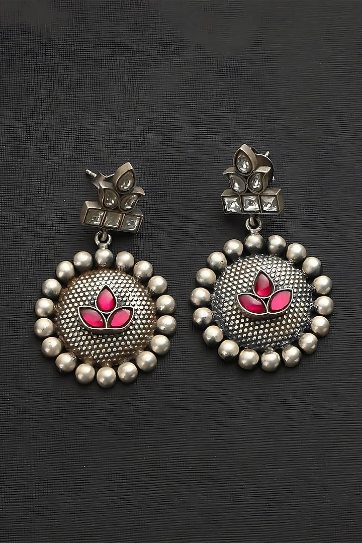 White Finish Pink Kundan Polki Leaf Anteiu Temple Dangler Earrings In Sterling Silver by Mero at Pernia's Pop Up Shop