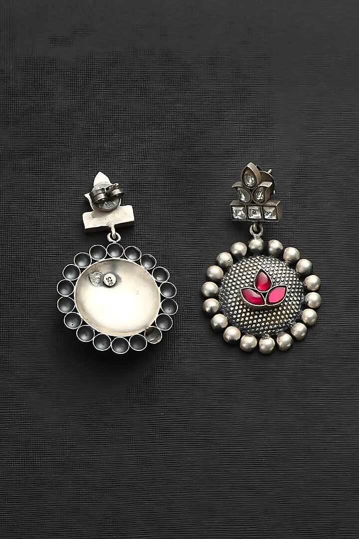 White Finish Pink Kundan Polki Leaf Anteiu Temple Dangler Earrings In Sterling Silver by Mero at Pernia's Pop Up Shop