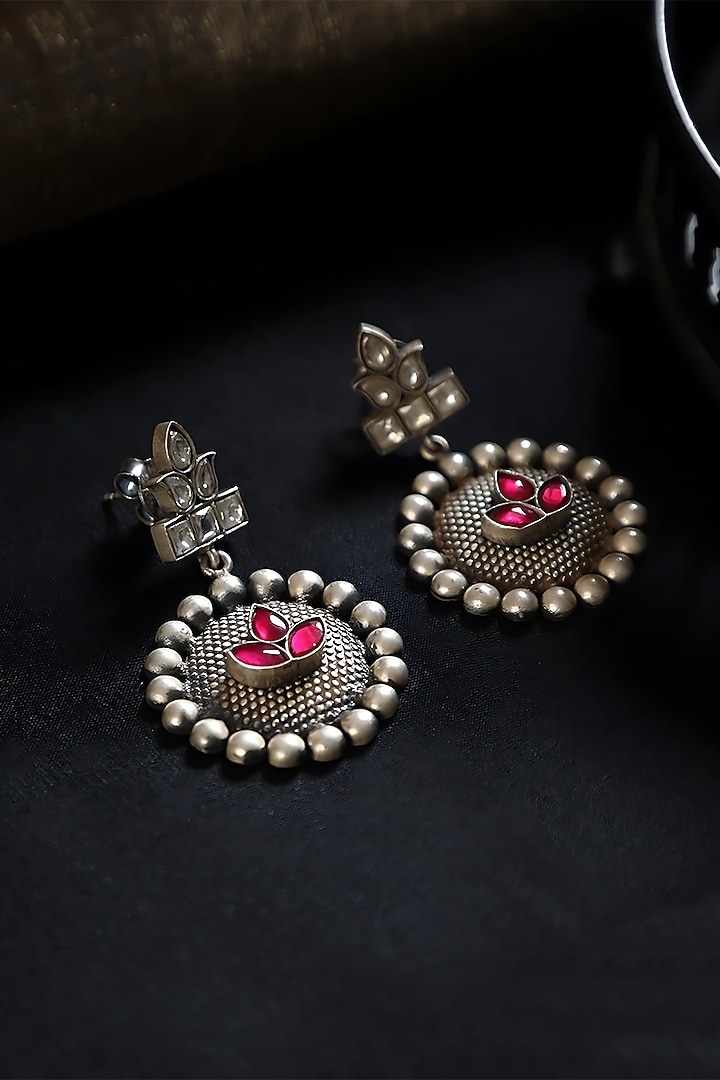 White Finish Pink Kundan Polki Leaf Anteiu Temple Dangler Earrings In Sterling Silver by Mero at Pernia's Pop Up Shop